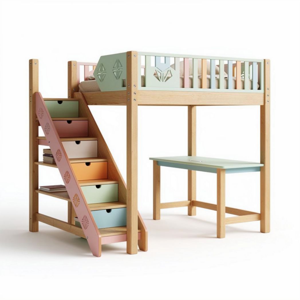 Letto a castello in legno con scala e scrivania per camera dei bambini – 200 x 100 x 150 cm