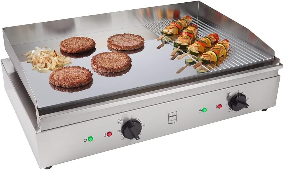 METRO Professional Piastra Elettrica GEG2112, Acciaio Inox, 3500 W, Superficie di Cottura 68.8x41cm, Temp.: 50-300°C, Griglia con Vaschetta Raccolta Grassi, Argento