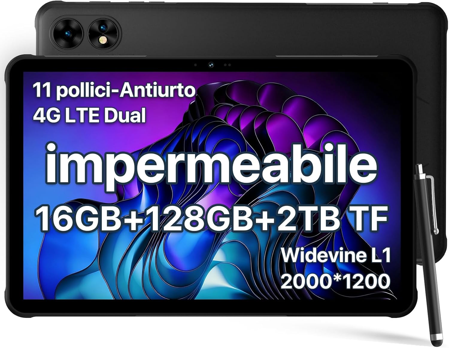 UMIDIGI Rugged Tablet 11 2K,16GB+128GB/TF 2TB Tablet Android,10000mAh Impermeabile Tablets con Dual SIM 4G LTE,2GHz Octa-Core, Tablets,Dual 16MP, 4 Altoparlanti Stereo,2.4+5G Wifi/GPS/