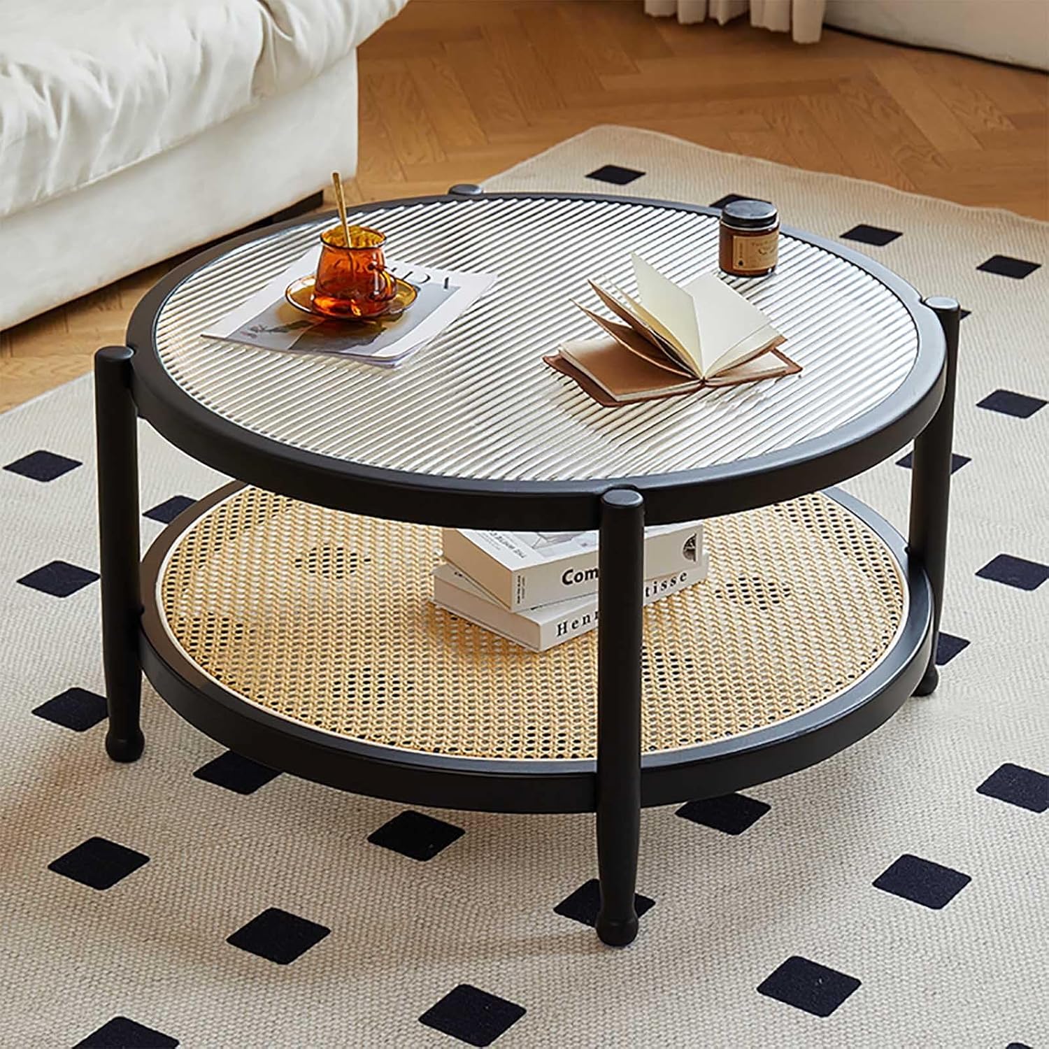 Tavolino Rotondo, Tavolino da caffè Rotondo in Legno in Stile Moderno Fattoria, con Piano in Vetro e ripiano portaoggetti - Circolare for Piccolo Soggiorno(Black)