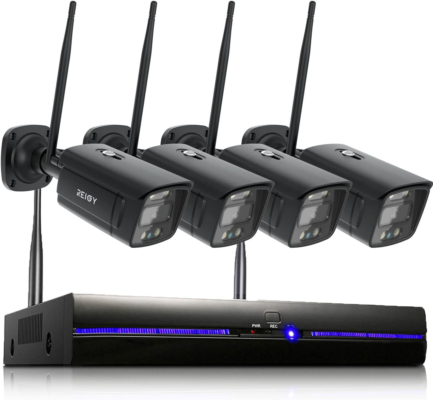 REIGY 3MP Kit Videosorveglianza Wifi Esterno con Spotlight, Telecamera 4x 1296P VideoCamera, Sistema di Sicurezza Interno con Visione Notturna a Colori, Audio Bidirezionale Senza HDD Nero