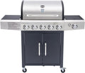 Barbecue a Gas Professionale XXL Con 6 Fuochi Multifunzione Da 19 KW, Completo Di Bruciatore Laterale, Coperchio, Termometro, Griglia In Ghisa, Ruote, Portabombola E Struttura In Acciaio Inox